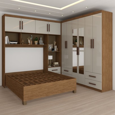 Guarda-Roupa Casal Modulado com Cama Paradise 10 Portas com Espelho 6 gavetas freijó/Off White - Panorama Móveis