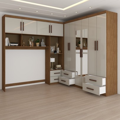 Guarda-Roupa Casal Modulado com Cama Paradise 10 Portas com Espelho 6 gavetas freijó/Off White - Panorama Móveis