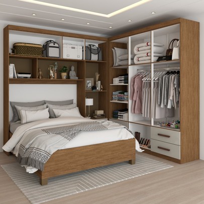 Guarda-Roupa Casal Modulado com Cama Paradise 10 Portas com Espelho 6 gavetas freijó/Off White - Panorama Móveis