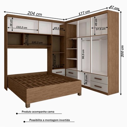 Guarda-Roupa Casal Modulado com Cama Paradise 10 Portas com Espelho 6 gavetas freijó/Off White - Panorama Móveis