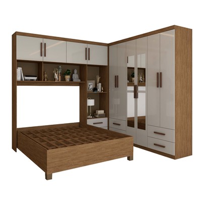 Guarda-Roupa Casal Modulado com Cama Paradise 10 Portas com Espelho 6 gavetas freijó/Off White - Panorama Móveis