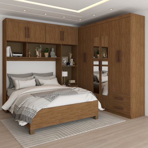 Guarda-Roupa Casal Modulado com Cama Paradise 10 Portas com Espelho 6 gavetas freijó - Panorama Móveis