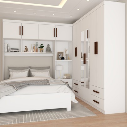 Guarda-Roupa Casal Modulado com Cama Paradise 10 Portas com Espelho 6 gavetas branco - Panorama Móveis