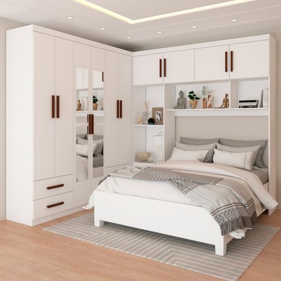 Guarda-Roupa Casal Modulado com Cama Paradise 10 Portas com Espelho 6 gavetas branco - Panorama Móveis