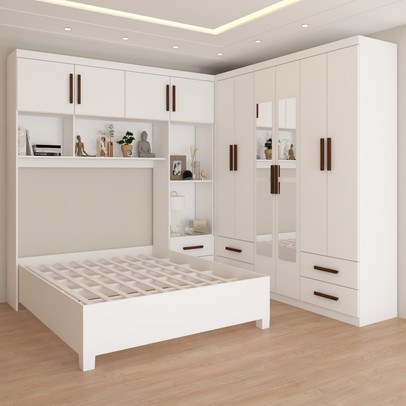 Guarda-Roupa Casal Modulado com Cama Paradise 10 Portas com Espelho 6 gavetas branco - Panorama Móveis