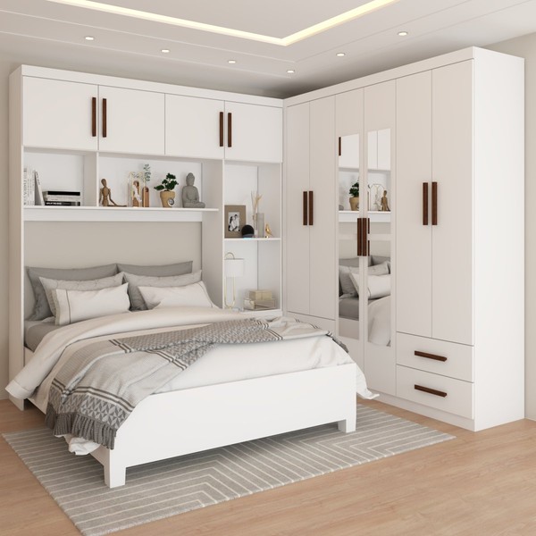 Guarda-Roupa Casal Modulado com Cama Paradise 10 Portas com Espelho 6 gavetas branco - Panorama Móveis
