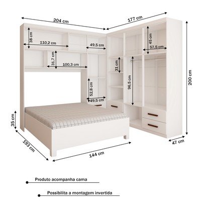 Guarda-Roupa Casal Modulado com Cama Paradise 10 Portas com Espelho 6 gavetas branco - Panorama Móveis