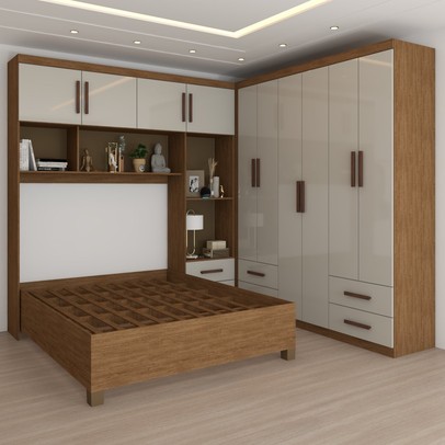 Guarda-Roupa Casal Modulado com Cama Paradise 10 Portas 6 gavetas freijó/Off White - Panorama Móveis