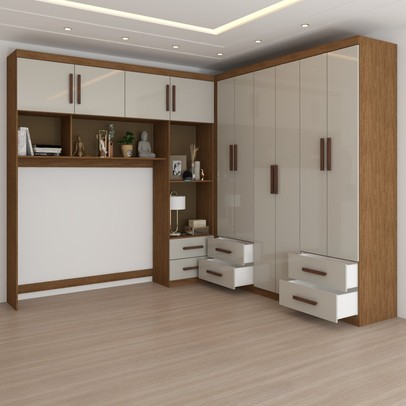 Guarda-Roupa Casal Modulado com Cama Paradise 10 Portas 6 gavetas freijó/Off White - Panorama Móveis