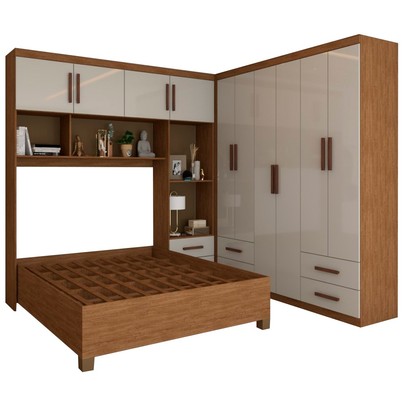 Guarda-Roupa Casal Modulado com Cama Paradise 10 Portas 6 gavetas freijó/Off White - Panorama Móveis
