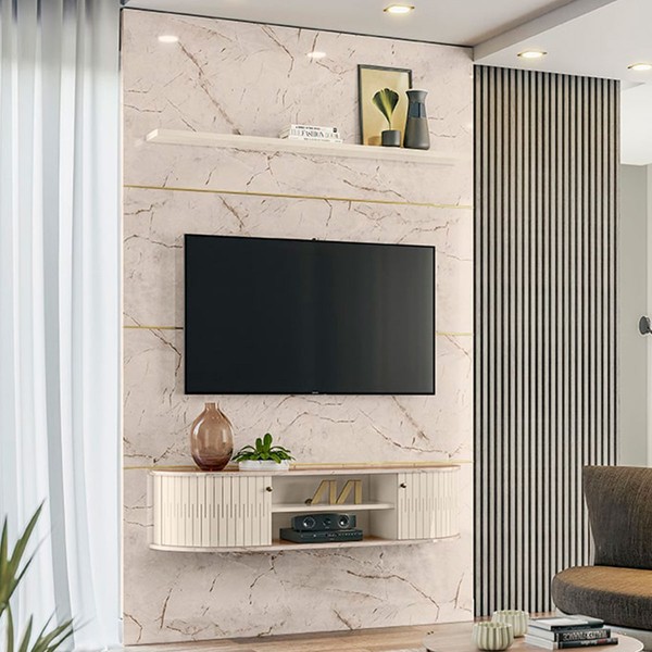 Rack com Painel para TV Até 65 Polegadas Monte Carlo 2 Portas Calacata/Off White - Madetec