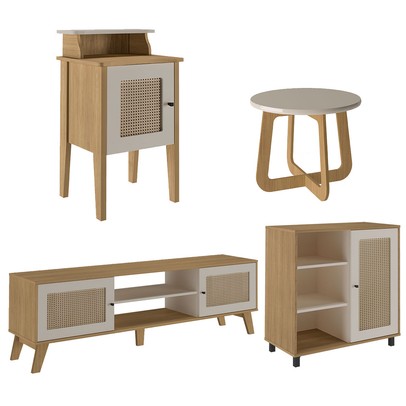 Sala de Estar Completa para TV Até 75 Polegadas Charlotte 4 Portas Carvalho/Off White - Pnr Móveis