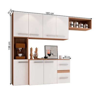 Cozinha Compacta 7 Portas 2 Gavetas Suspensa Armário e Balcão Jéssica Branco/Teka - Panorama Móveis