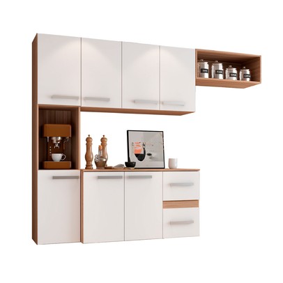 Cozinha Compacta 7 Portas 2 Gavetas Suspensa Armário e Balcão Jéssica Branco/Teka - Panorama Móveis