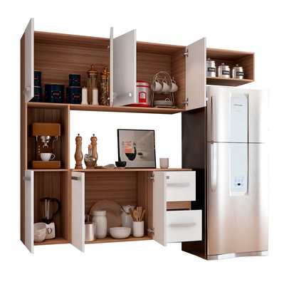 Cozinha Compacta 7 Portas 2 Gavetas Suspensa Armário e Balcão Jéssica Branco/Teka - Panorama Móveis