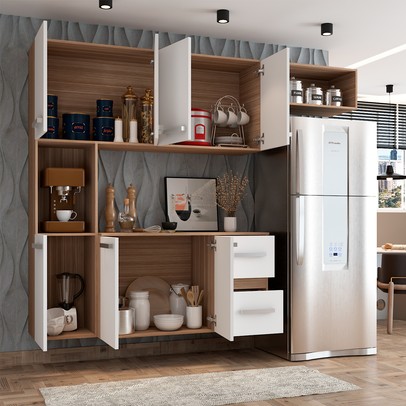 Cozinha Compacta 7 Portas 2 Gavetas Suspensa Armário e Balcão Jéssica Branco/Teka - Panorama Móveis