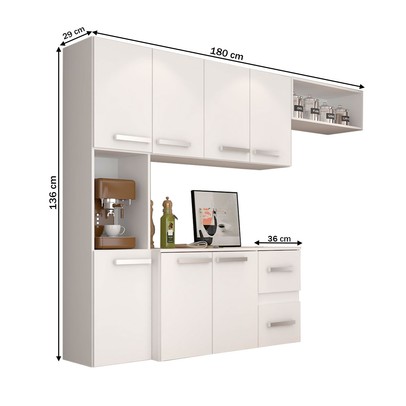 Cozinha Compacta 7 Portas 2 Gavetas Suspensa Armário e Balcão Anita Branco - Pnr Móveis