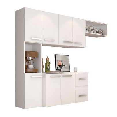 Cozinha Compacta 7 Portas 2 Gavetas Suspensa Armário e Balcão Anita Branco - Pnr Móveis