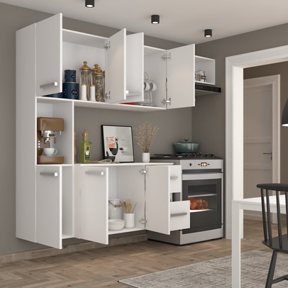 Cozinha Compacta 7 Portas 2 Gavetas Suspensa Armário e Balcão Anita Branco - Pnr Móveis