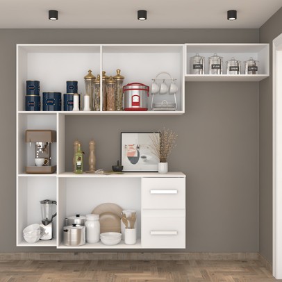 Cozinha Compacta 7 Portas 2 Gavetas Suspensa Armário e Balcão Anita Branco - Pnr Móveis