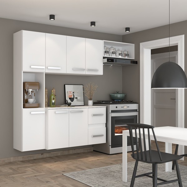 Cozinha Compacta 7 Portas 2 Gavetas Suspensa Armário e Balcão Anita Branco - Pnr Móveis