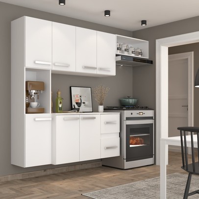 Cozinha Compacta 7 Portas 2 Gavetas Suspensa Armário e Balcão Anita Branco - Pnr Móveis