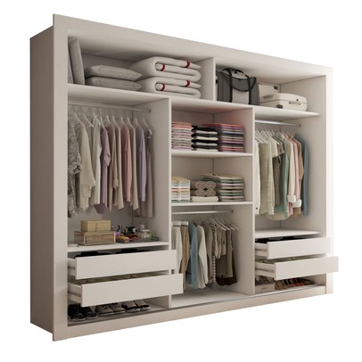Guarda-Roupa Casal Carol 3 Portas de Correr com Espelho 4 Gavetas Branco - Panorama Móveis