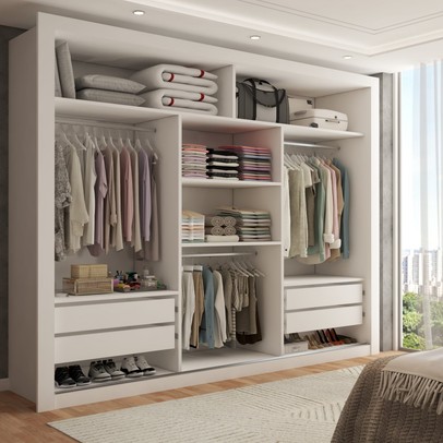 Guarda-Roupa Casal Carol 3 Portas de Correr com Espelho 4 Gavetas Branco - Panorama Móveis