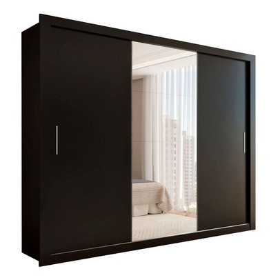 Guarda-Roupa Casal Carol 3 Portas de Correr com Espelho 4 Gavetas Preto - Panorama Móveis