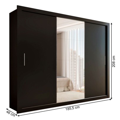 Guarda-Roupa Casal Carol 3 Portas de Correr com Espelho 4 Gavetas Preto - Panorama Móveis