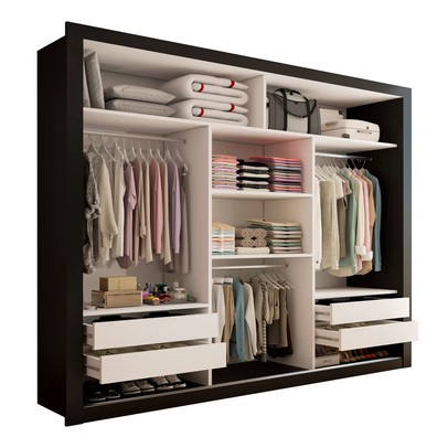Guarda-Roupa Casal Carol 3 Portas de Correr com Espelho 4 Gavetas Preto - Panorama Móveis