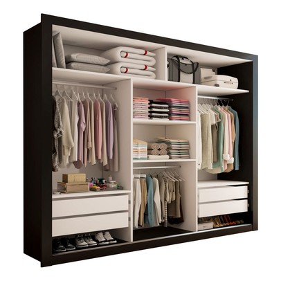Guarda-Roupa Casal Carol 3 Portas de Correr com Espelho 4 Gavetas Preto - Panorama Móveis