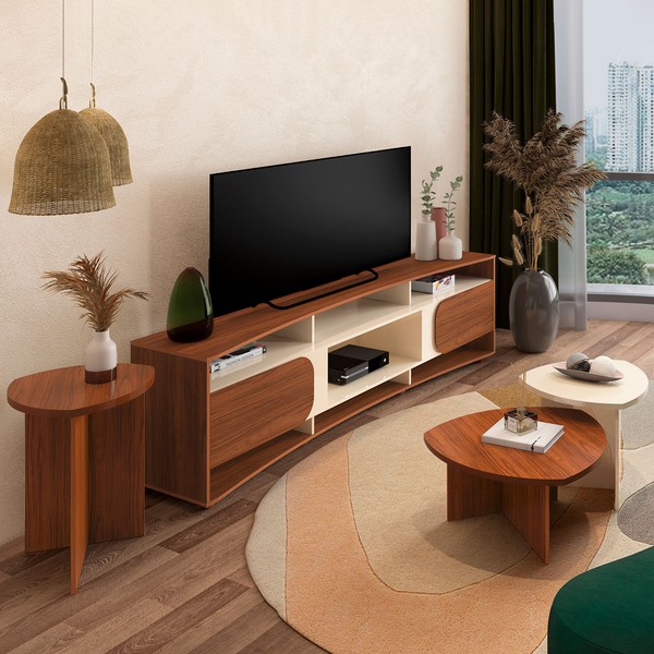 Sala de Estar Completa para TV Até 86 Polegadas Delta 2 Portas Cedro/Off White - Pnr Móveis