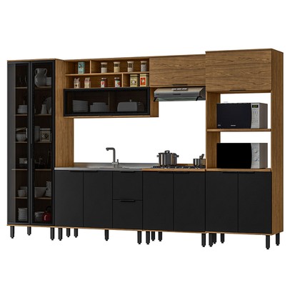 Cozinha Completa Valentina 11 Portas 2 Gavetas 100% Mdf Freijó/Nero - Panorama Móveis