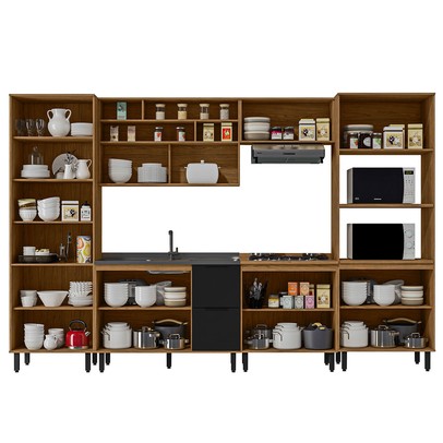 Cozinha Completa Valentina 11 Portas 2 Gavetas 100% Mdf Freijó/Nero - Panorama Móveis