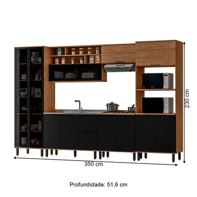 Cozinha Completa Valentina 11 Portas 2 Gavetas 100% Mdf Freijó/Nero - Panorama Móveis