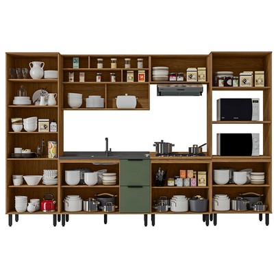 Cozinha Completa Provence 11 Portas 2 Gavetas 100% Mdf Freijó/Jade - Panorama Móveis