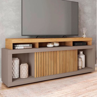 Rack para TV 75 Polegadas 2 Portas com Ripado Aegon Buriti/Fendi - Caemmun