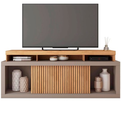 Rack para TV 75 Polegadas 2 Portas com Ripado Aegon Buriti/Fendi - Caemmun