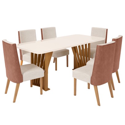 Mesa de Jantar 6 Lugares Adriana com Vidro Nature/Courino/Linho - Henn