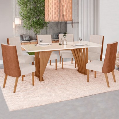 Mesa de Jantar 6 Lugares Adriana com Vidro Nature/Courino/Linho - Henn