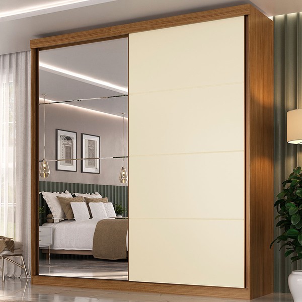 Guarda-Roupa Casal Star 2 Portas com Espelho 100% Mdf Nogueira/Areia - Mambel