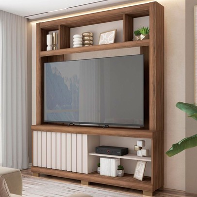 Estante para TV Até 55 Polegadas 1 Porta com Ripado Cinne Nogueira San Remo/Off White - Caemmun