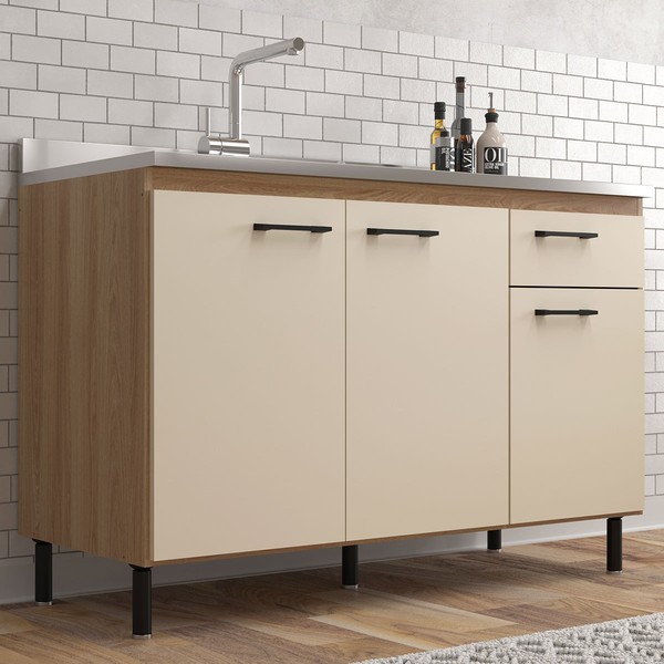 Balcão de Cozinha para Pia Maysa 3 Portas 1 Gaveta Madeira Oak/Dunas - Móveis Sul