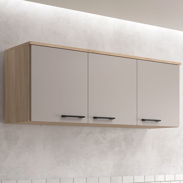 Armario Aéreo Cozinha Maysa 3 Portas Aveiro Oak/Cinza Urbano - Móveis Sul