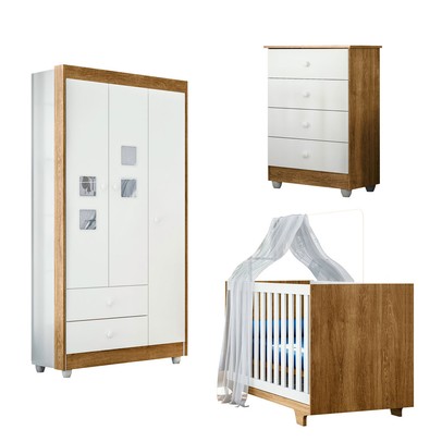 Quarto de Bebê Completo Life 100% Mdf 3 Portas 6 Gavetas Branco/Ypê 2225 - Tigus Baby