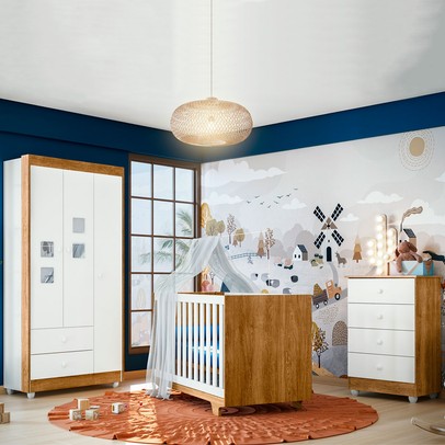Quarto de Bebê Completo Life 100% Mdf 3 Portas 6 Gavetas Branco/Ypê 2225 - Tigus Baby