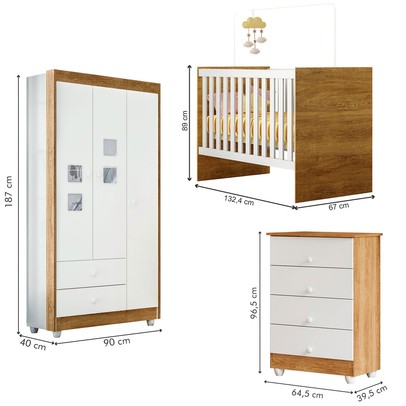 Quarto de Bebê Completo Life 100% Mdf 3 Portas 6 Gavetas Branco/Ypê 2274 - Tigus Baby