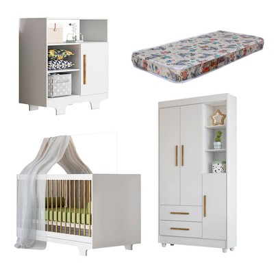 Quarto de Bebê Completo Flocos 100% Mdf 4 Portas 2 Gavetas Branco 4103 - Tigus Baby