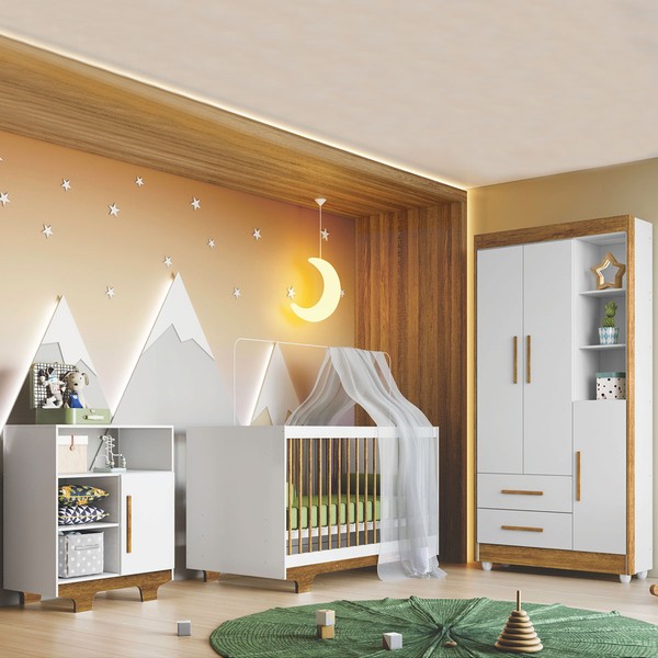 Quarto de Bebê Completo Flocos 100% Mdf 4 Portas 2 Gavetas Branco/Ypê 4103 - Tigus Baby